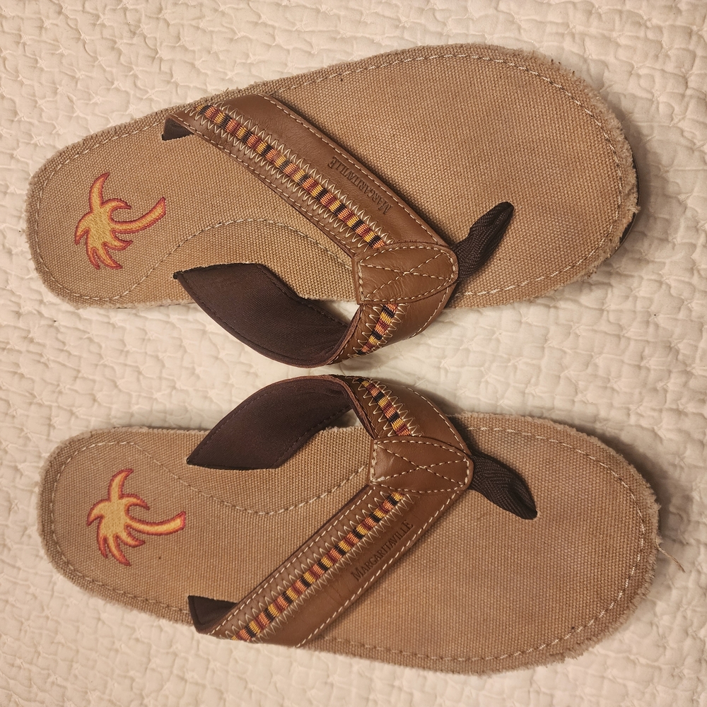Brown and Tan Flip Flops with Embroidered Palm Design